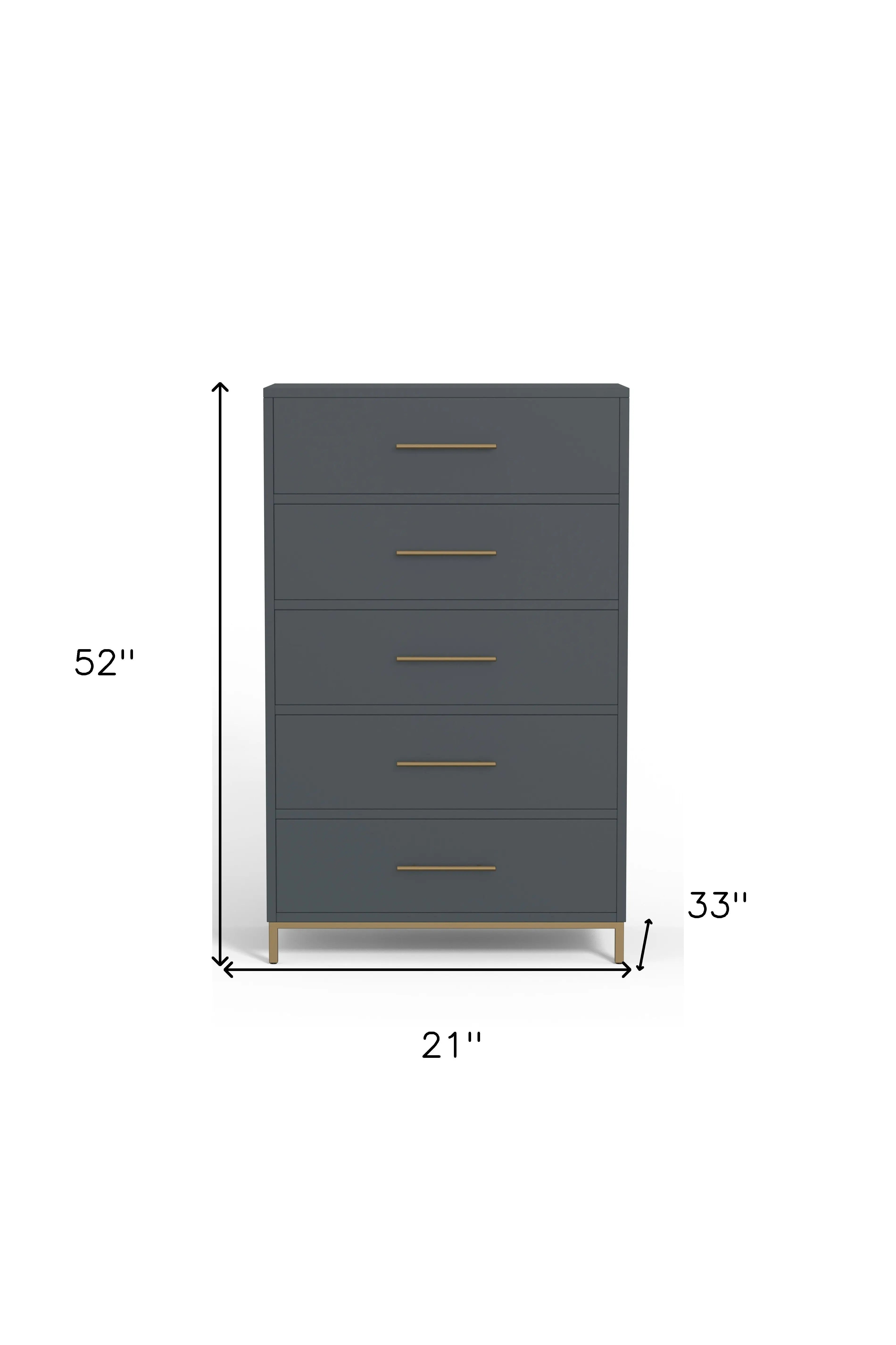 33" Gray Solid Wood Five Drawer Dresser - GreatEagleInc
