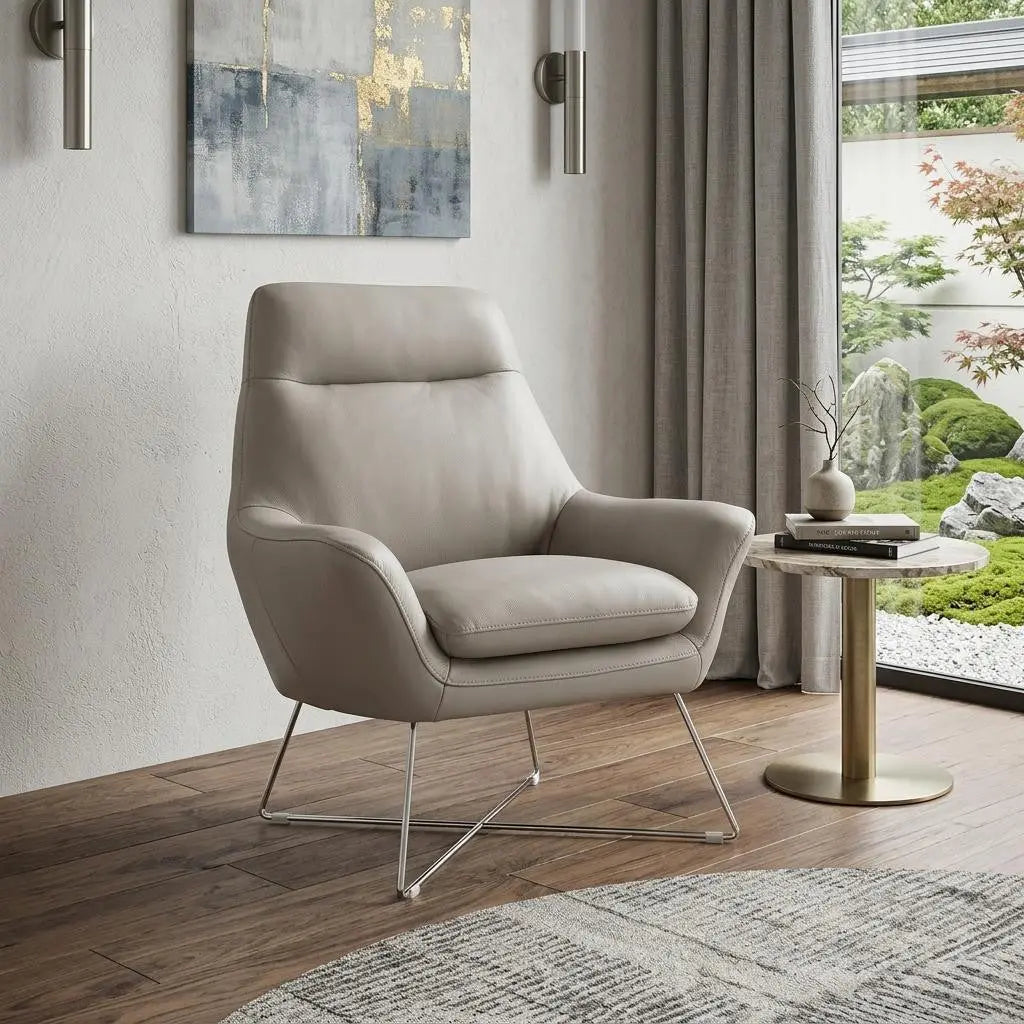 33" Light Gray and Silver Italian Leather Tufted Arm Chair Homeroots Living Room