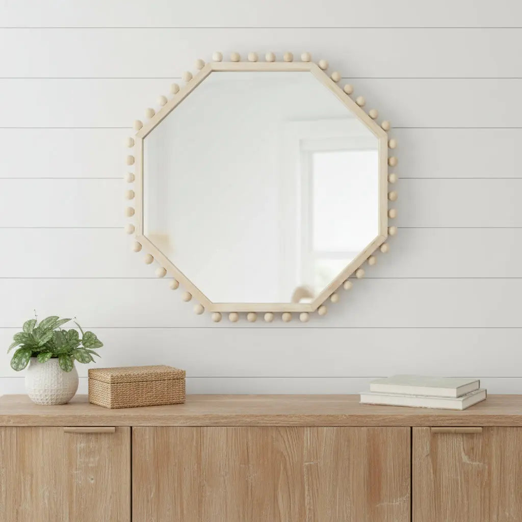 33" Natural Wood Octagon Beaded Framed Accent Mirror Homeroots Bed & Bath