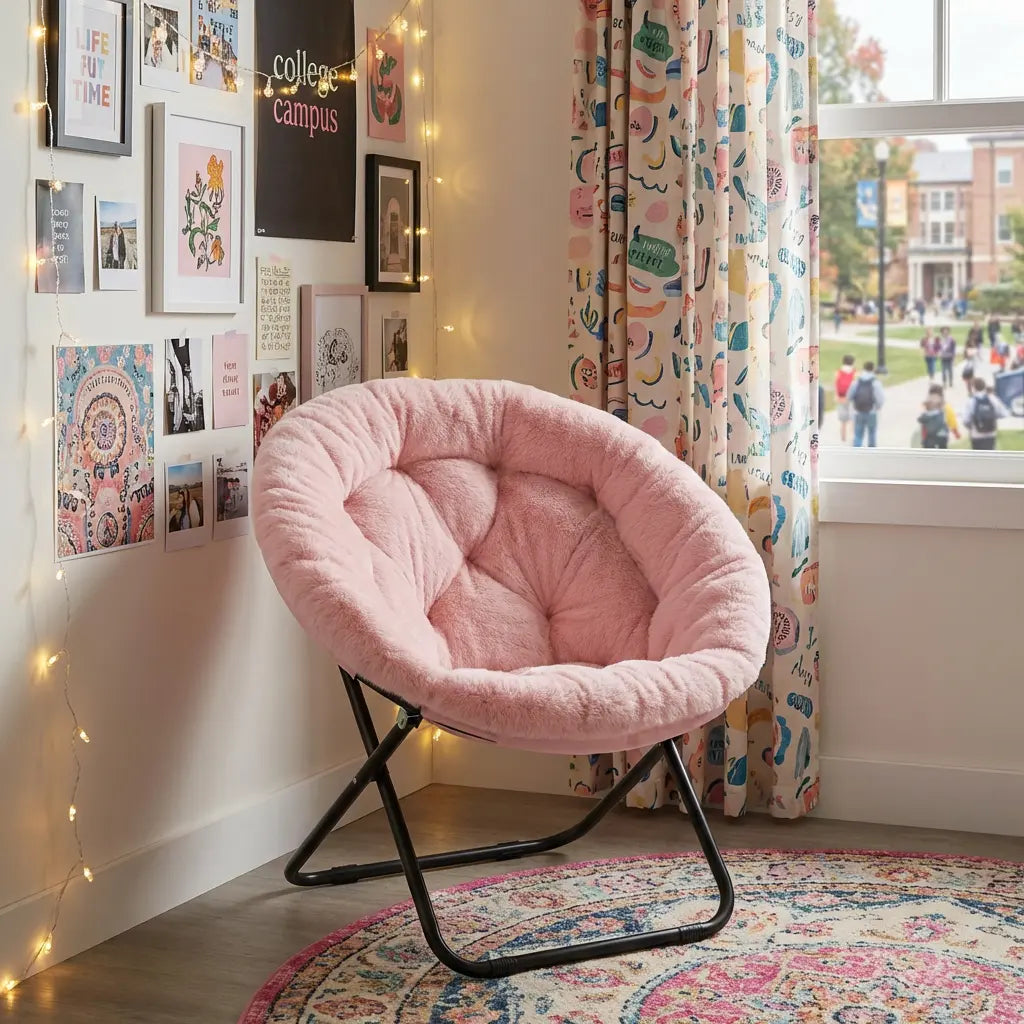 33" Pink Tufted Faux Fur and Metal Folding Lounge Chair Homeroots Living Room
