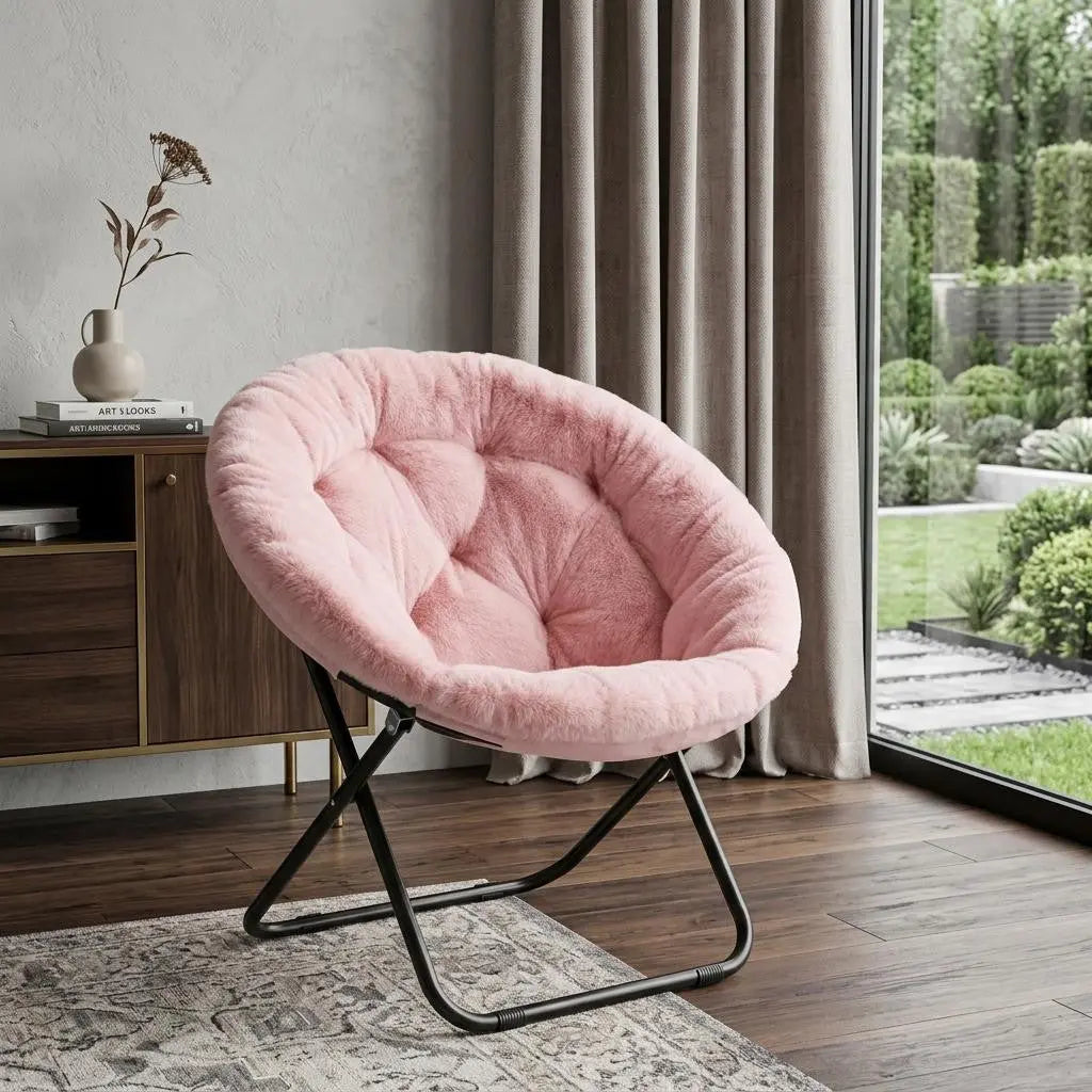 33" Pink Tufted Faux Fur and Metal Folding Lounge Chair Homeroots Living Room
