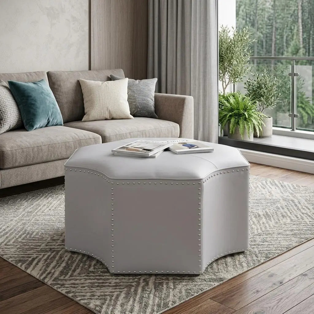 33" Silver Faux Leather Tufted Octagonal Cocktail Ottoman Homeroots Living Room