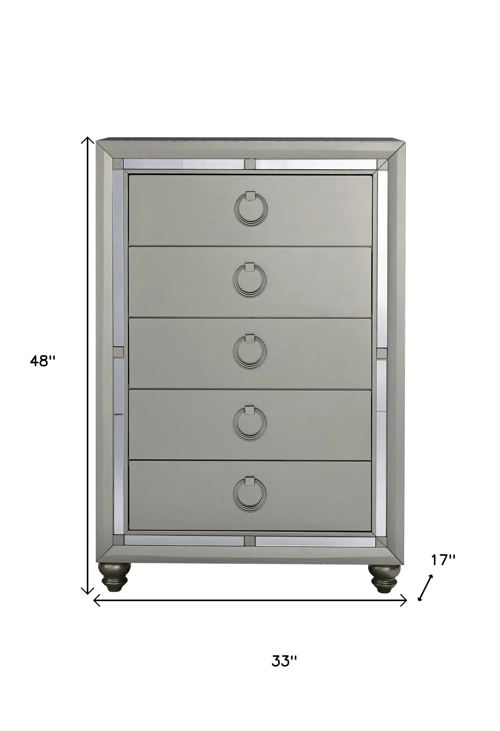 33" Silver Solid Wood Mirrored Five Drawer Dresser Homeroots Bed & Bath