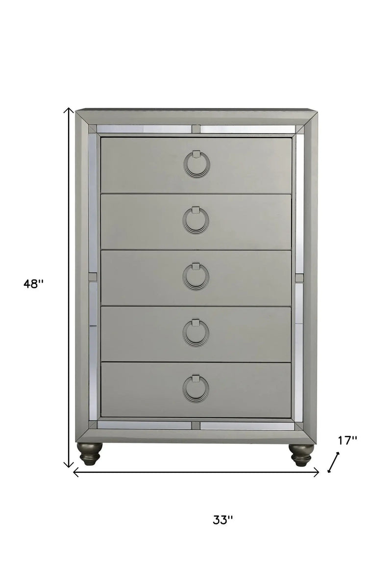 33" Silver Solid Wood Mirrored Five Drawer Dresser Homeroots Bed & Bath