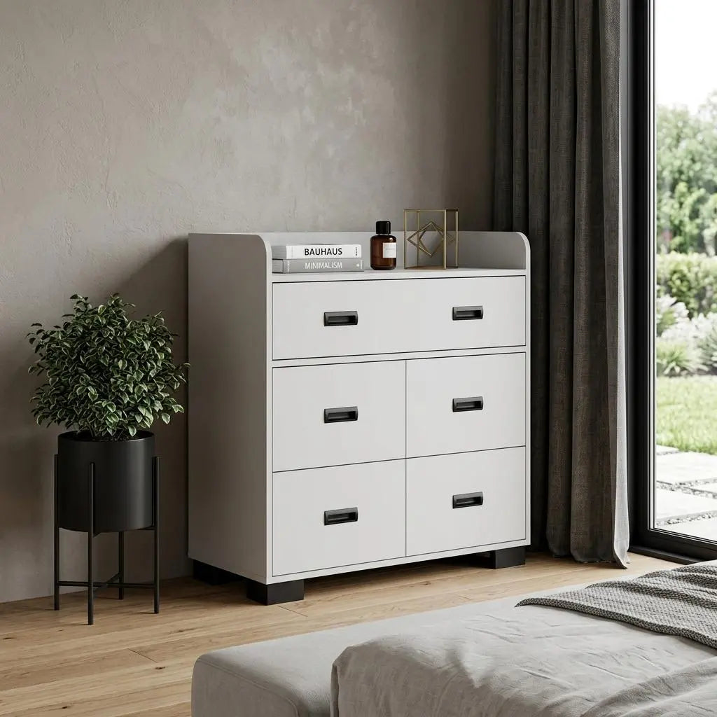 33" White Wood Five Drawer Dresser Homeroots Bed & Bath