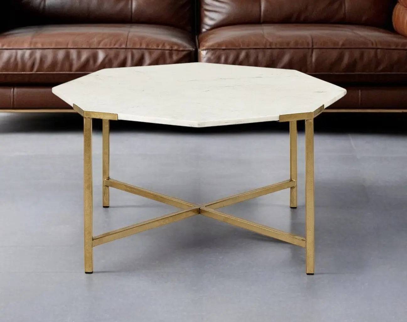 33" White and Gold Genuine Marble and Metal Octagon Coffee Table Homeroots Living Room