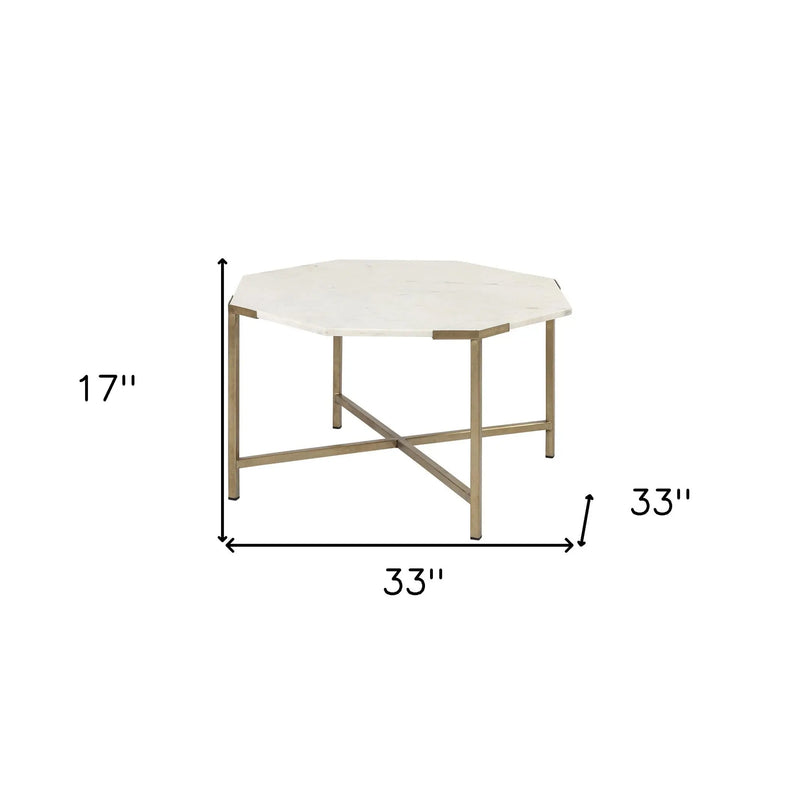 33" White and Gold Genuine Marble and Metal Octagon Coffee Table Homeroots Living Room