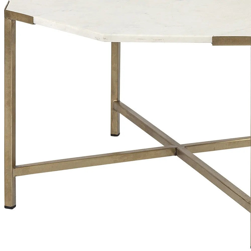 33" White and Gold Genuine Marble and Metal Octagon Coffee Table Homeroots Living Room
