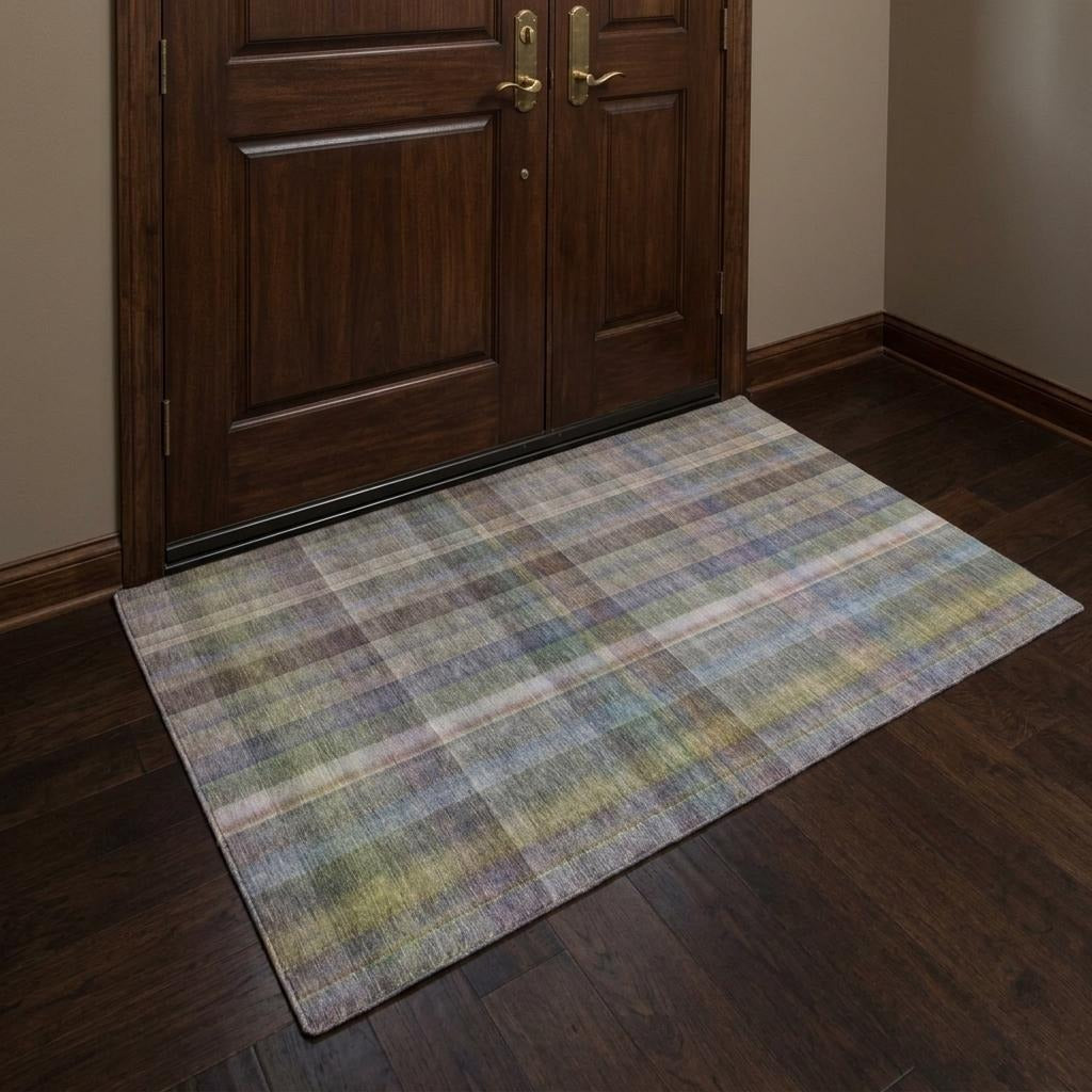 3' X 5' Pewter And Gray Plaid Shag Washable Area Rug With UV Protection - Home & Garden
