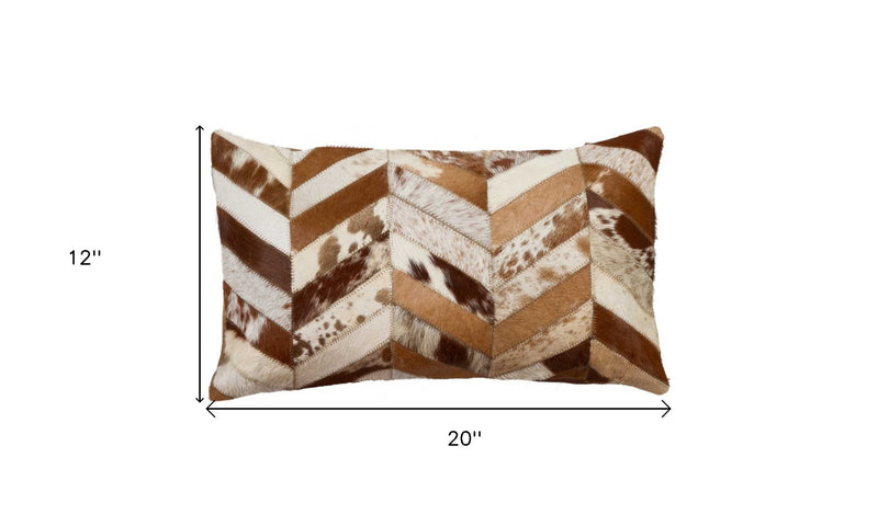 12" X 20" Brown and Off White Chevron Cowhide Throw Pillow - Home Decor
