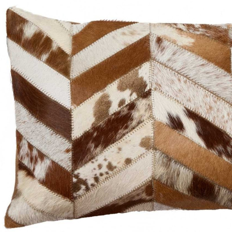 12" X 20" Brown and Off White Chevron Cowhide Throw Pillow - Home Decor
