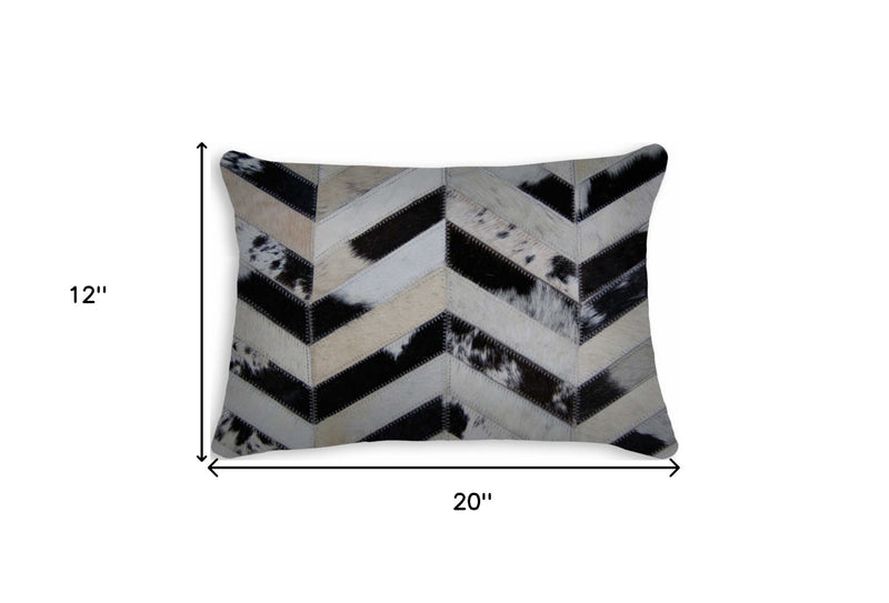12" X 20" Black Brown and Off White Chevron Cowhide Throw Pillow - Home Decor