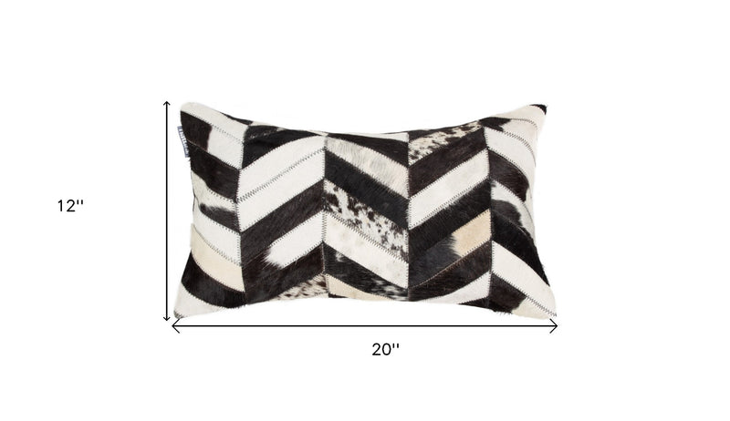 12" X 20" Black and Off White Chevron Cowhide Throw Pillow - Home Decor