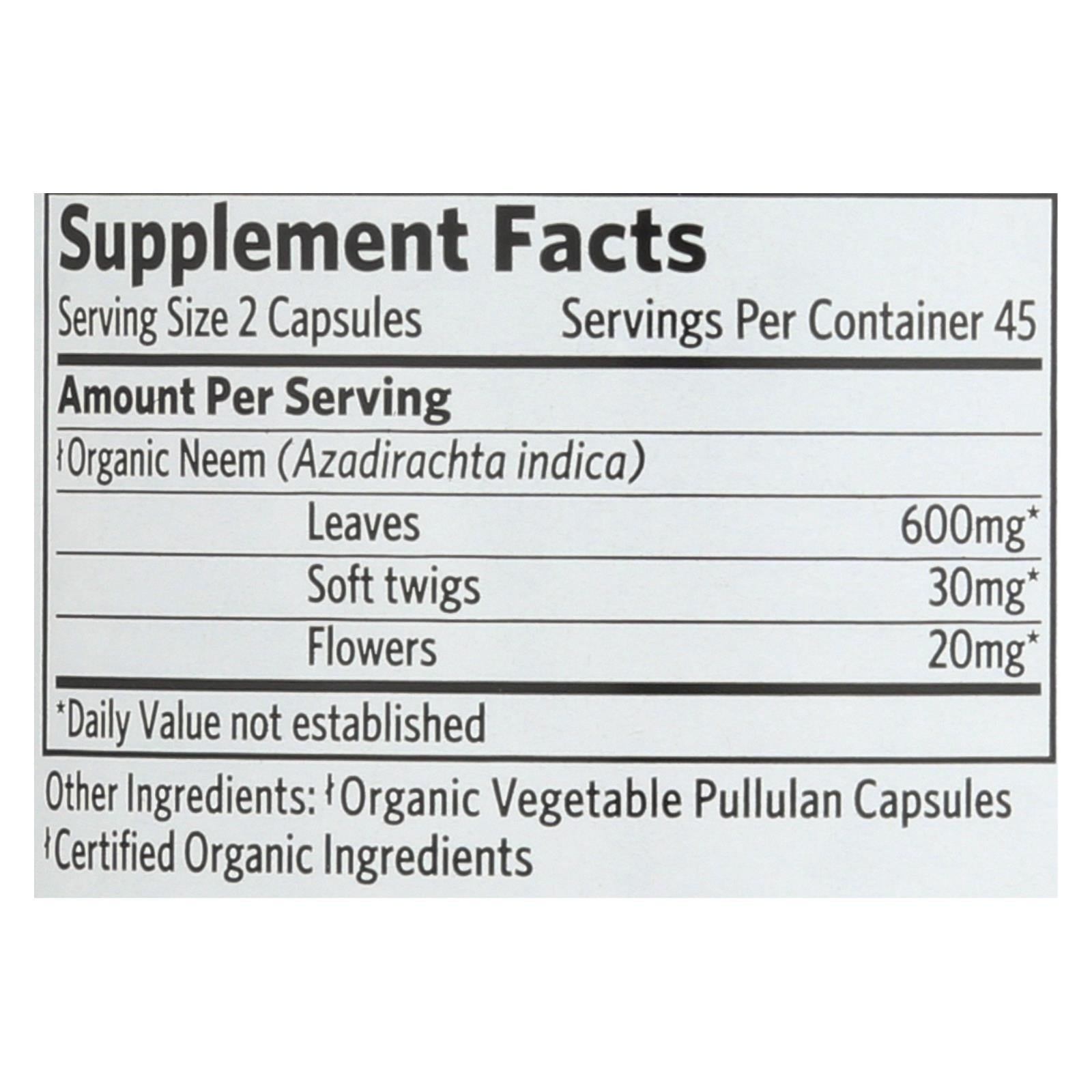 Organic India Usa Whole Herb Supplement, Neem  - 1 Each - 90 Vcap - GreatEagleInc