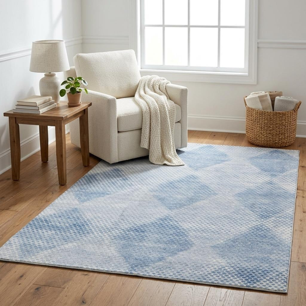 5' X 8' Blue And Denim Blue Geometric Shag Washable Area Rug With UV Protection - Home & Garden