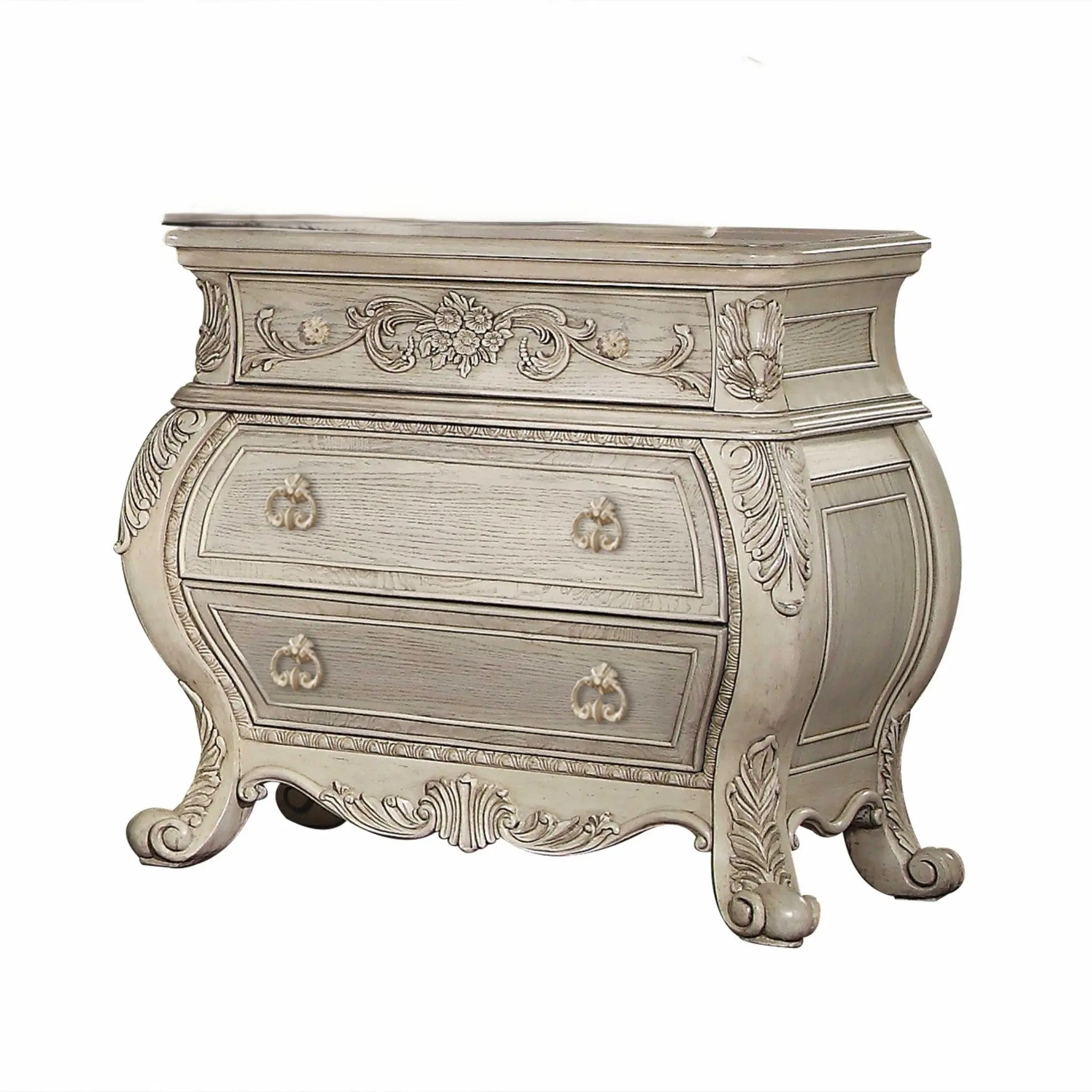 34" Antiqued White Solid Wood Three Drawer Nightstand Homeroots Bed & Bath