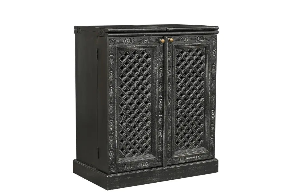 34" Black Solid Wood Carved Floral Bar Cabinet With Two Doors And One Drawer Homeroots Kitchen & Dining