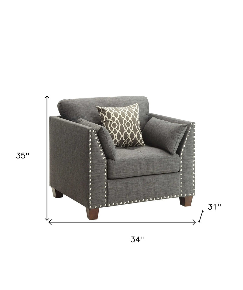 34" Charcoal and Brown Linen Arm Chair And Toss Pillows Homeroots Living Room