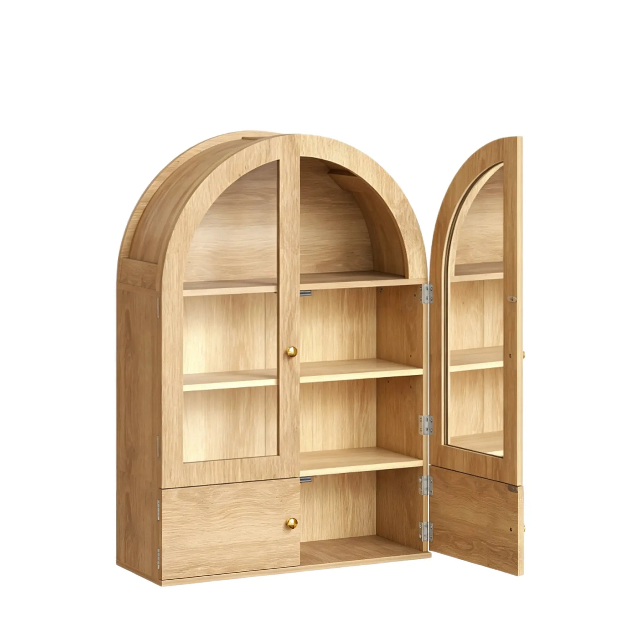 34" Natural Wood Wall Mount Arched Glass Panel Inlay Four Door Bathroom Cabinet Homeroots Organization