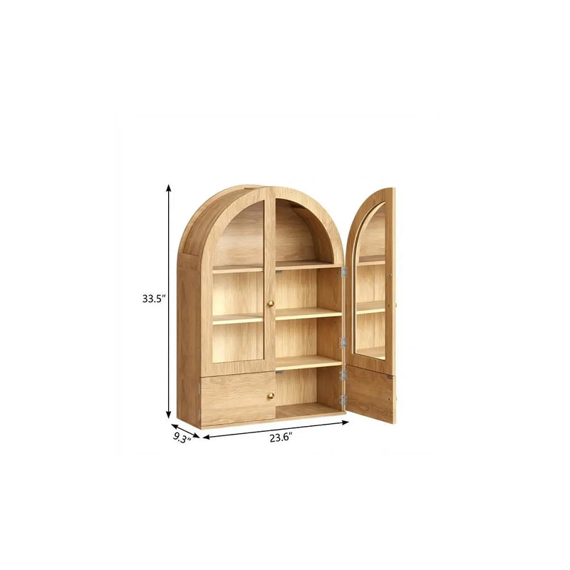 34" Natural Wood Wall Mount Arched Glass Panel Inlay Four Door Bathroom Cabinet Homeroots Organization