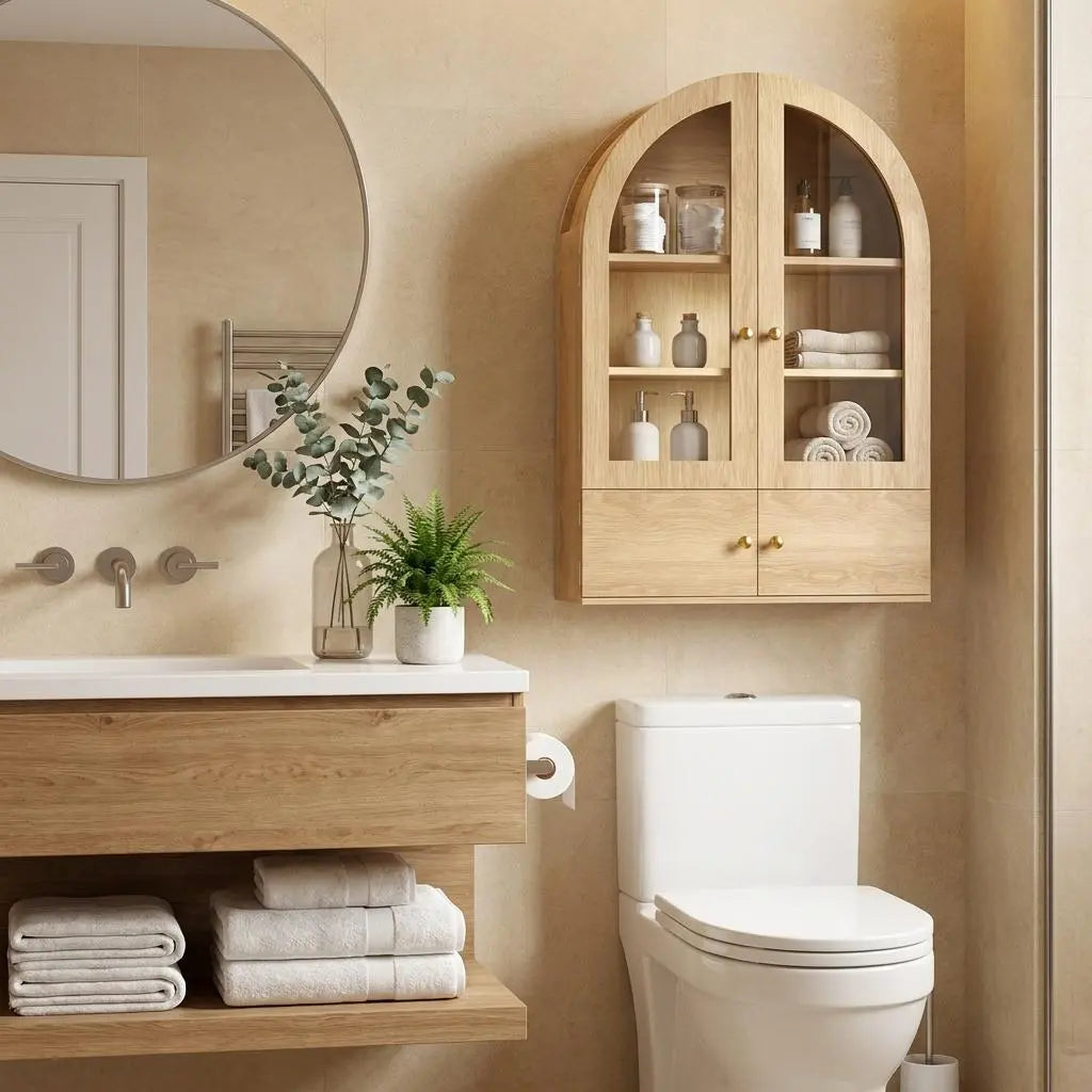 34" Natural Wood Wall Mount Arched Glass Panel Inlay Four Door Bathroom Cabinet Homeroots Organization