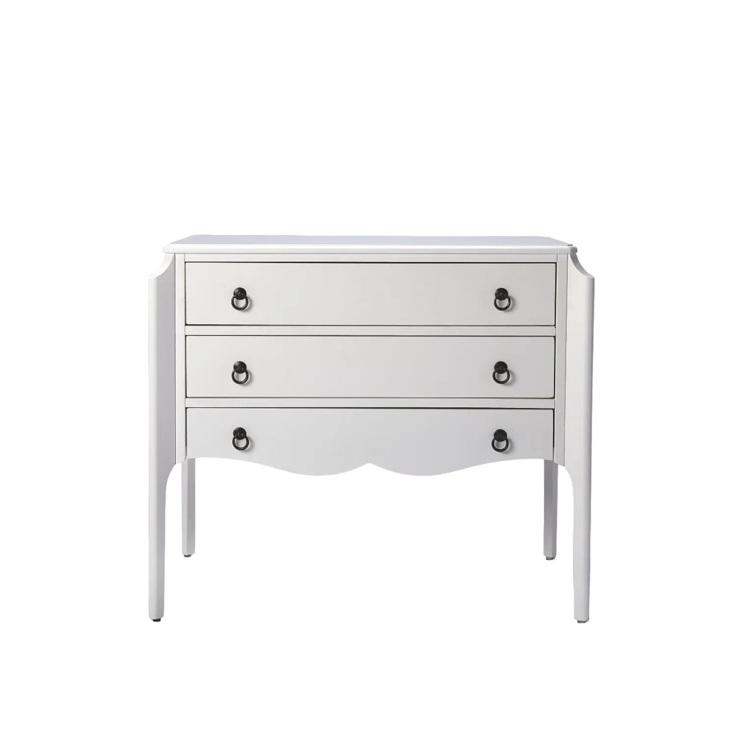 White wooden console table with three drawers and elegant black metal knobs, featuring a curved front design.