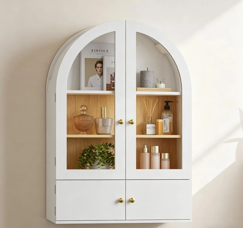 34" White Wood Wall Mounted Glass Panel Inlay Four Door Bathroom Cabinet Homeroots Organization