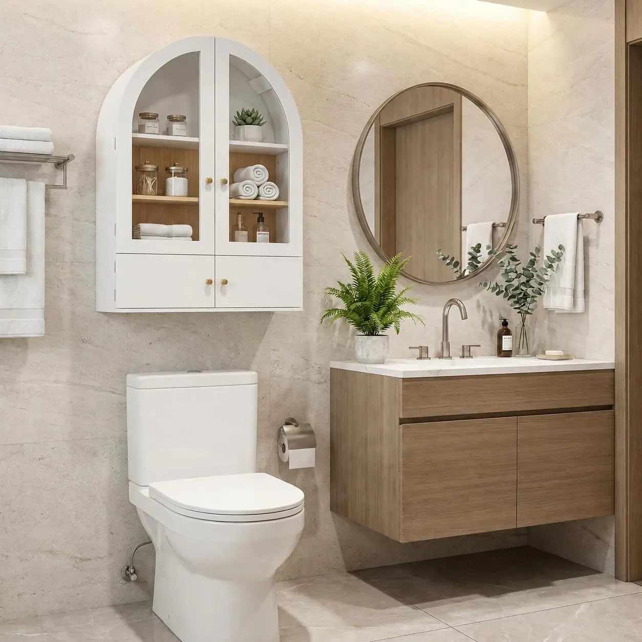 34" White Wood Wall Mounted Glass Panel Inlay Four Door Bathroom Cabinet Homeroots Organization