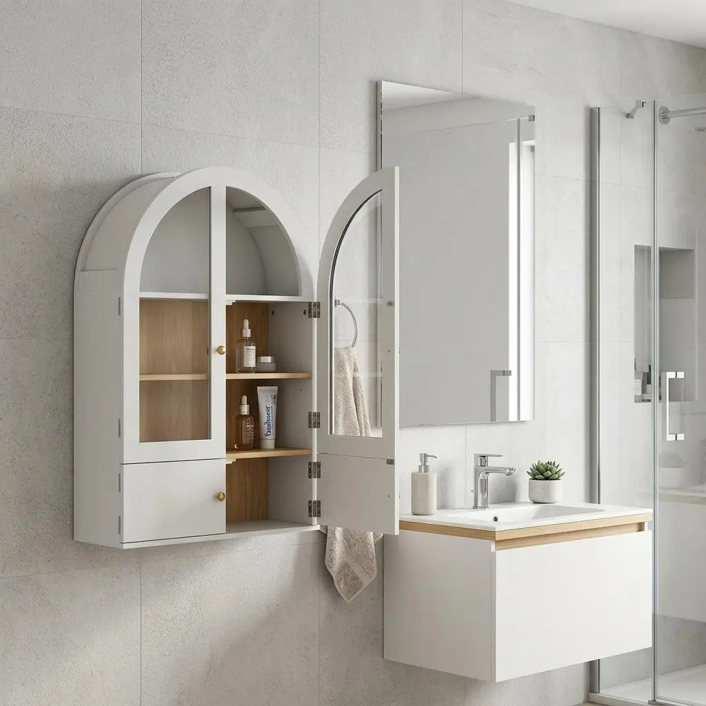 34" White Wood Wall Mounted Glass Panel Inlay Four Door Bathroom Cabinet Homeroots Organization