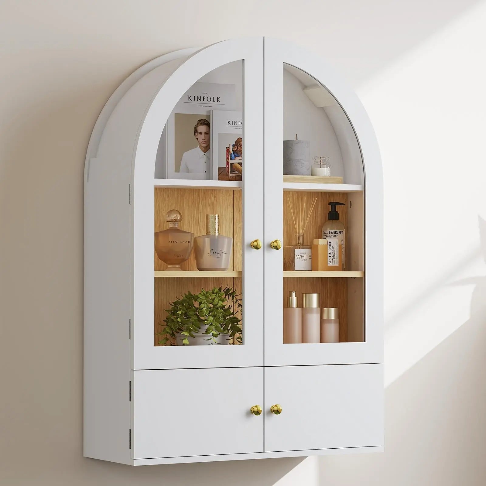34" White Wood Wall Mounted Glass Panel Inlay Four Door Bathroom Cabinet Homeroots Organization