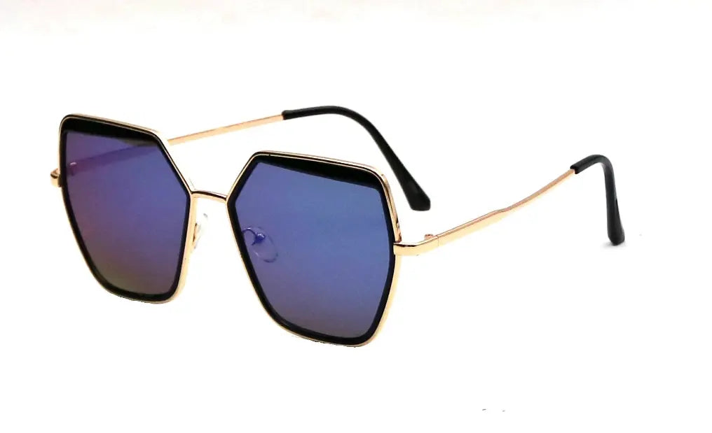 Gold hexagon sunglasses with gradient purple lenses and black temple tips, perfect for a stylish summer look.