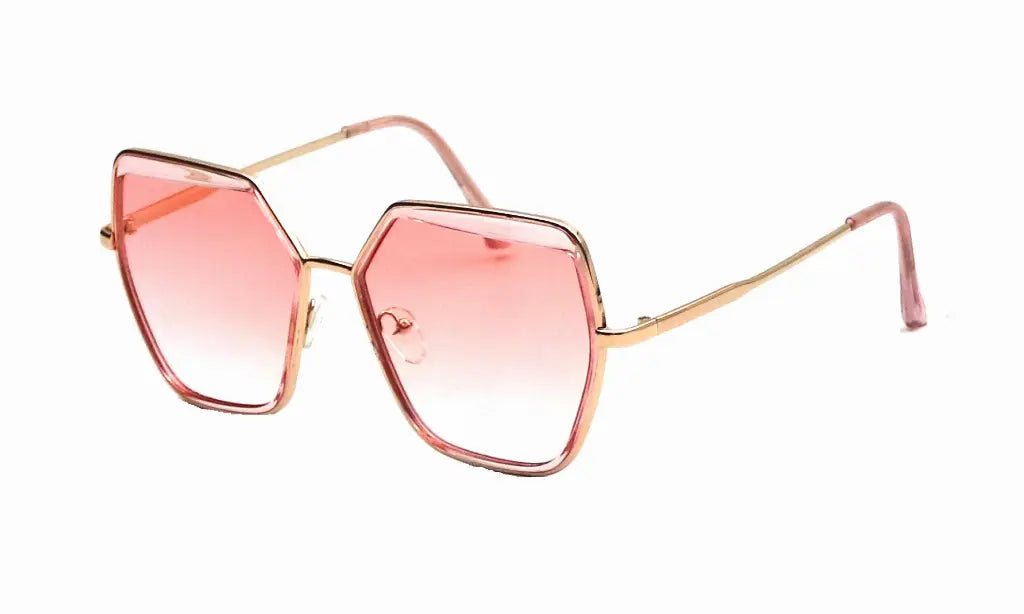 Pink hexagonal sunglasses with gold metal frames and gradient lenses, perfect for a stylish summer look.