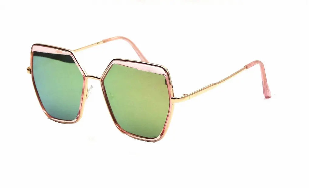 Gold and pink hexagonal sunglasses with gradient green lenses, perfect for trendy summer outfits.