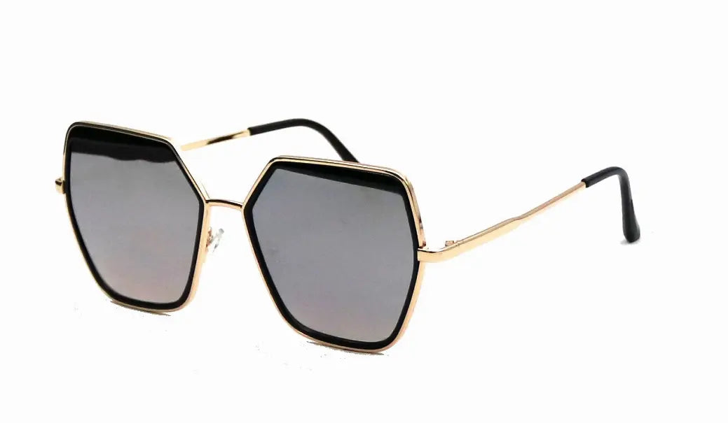 Gold hexagon sunglasses with black frames and dark lenses, perfect for stylish summer outings.
