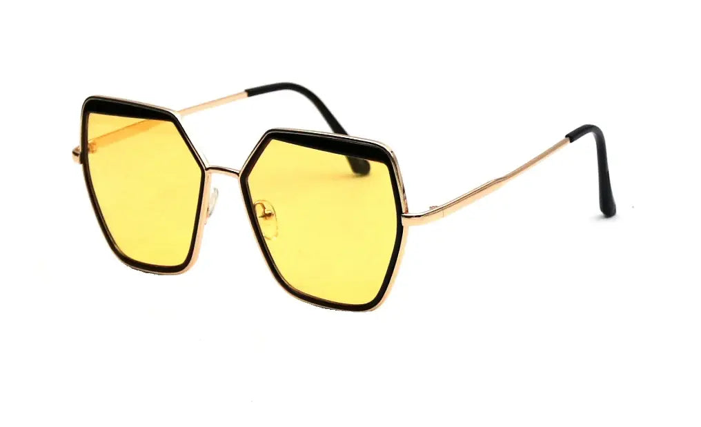 Gold hexagonal sunglasses with yellow lenses and black temple tips, perfect for a stylish, retro look.