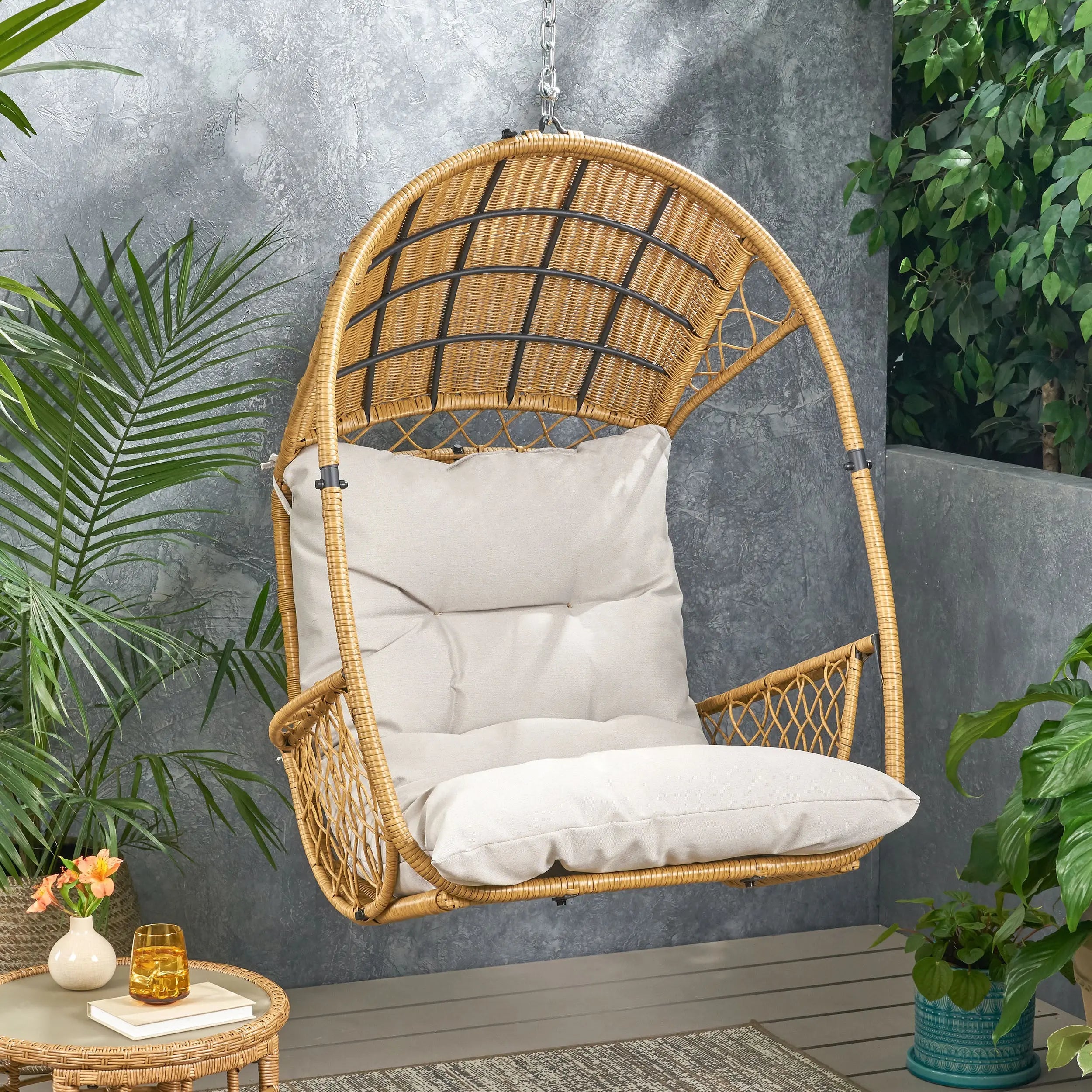 35" Beige Metal Outdoor Egg Chair with Gray Cushion Homeroots Outdoor