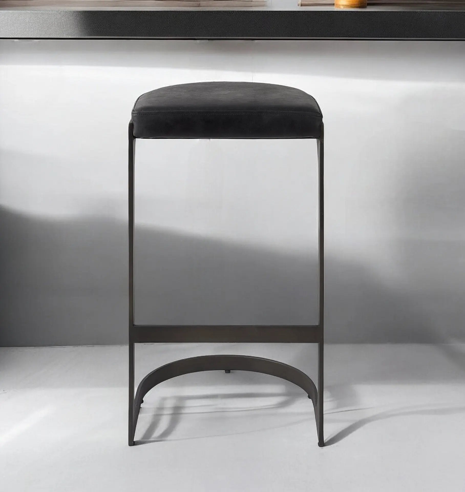 35" Black Leather and Metal Backless Bar Chair Homeroots Living Room
