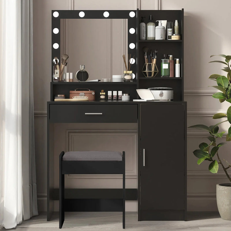 35" Black Wood Mirrored Vanity Table And Lights Homeroots Living Room