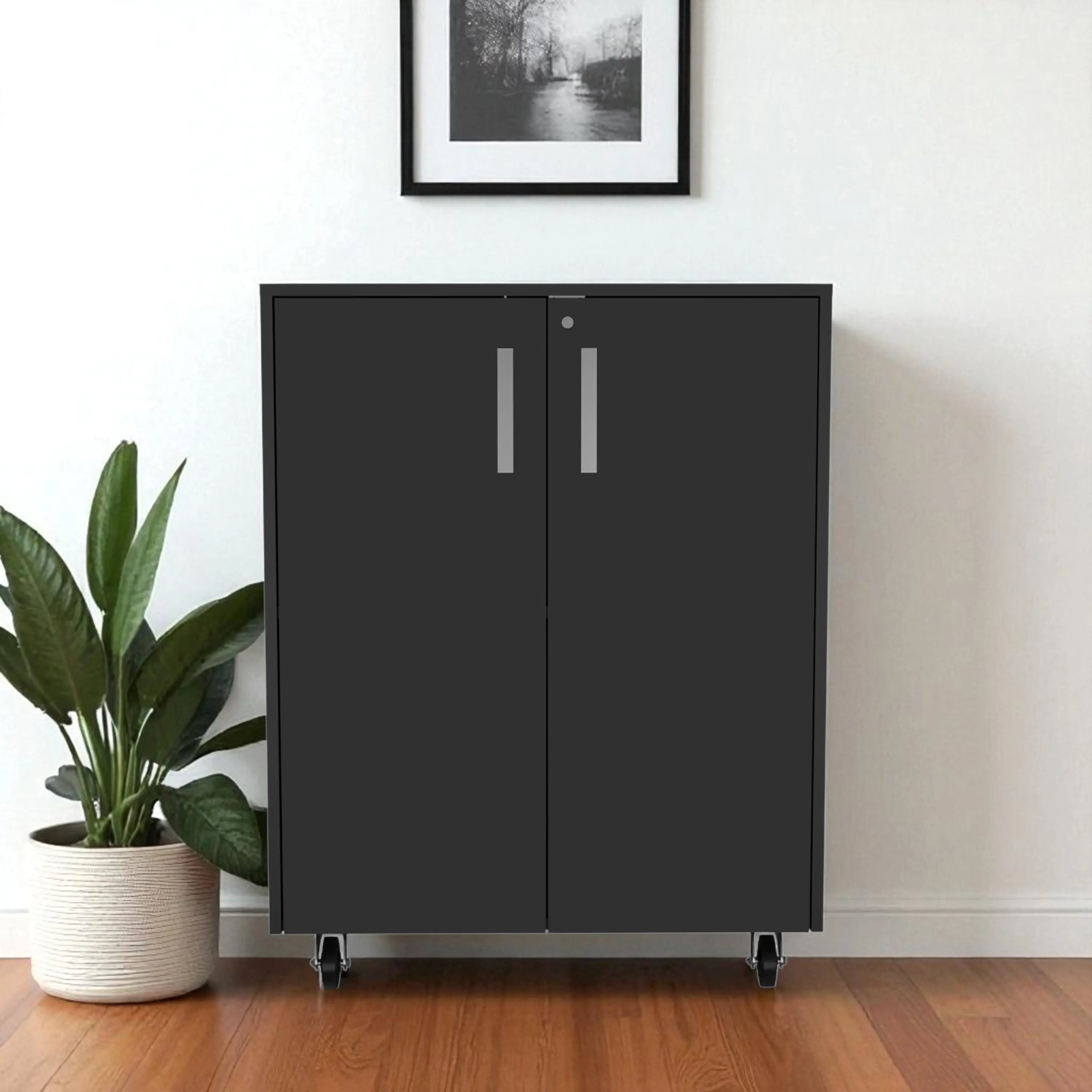35" Black Wood Rolling Storage Cabinet With Two Doors Homeroots Kitchen & Dining