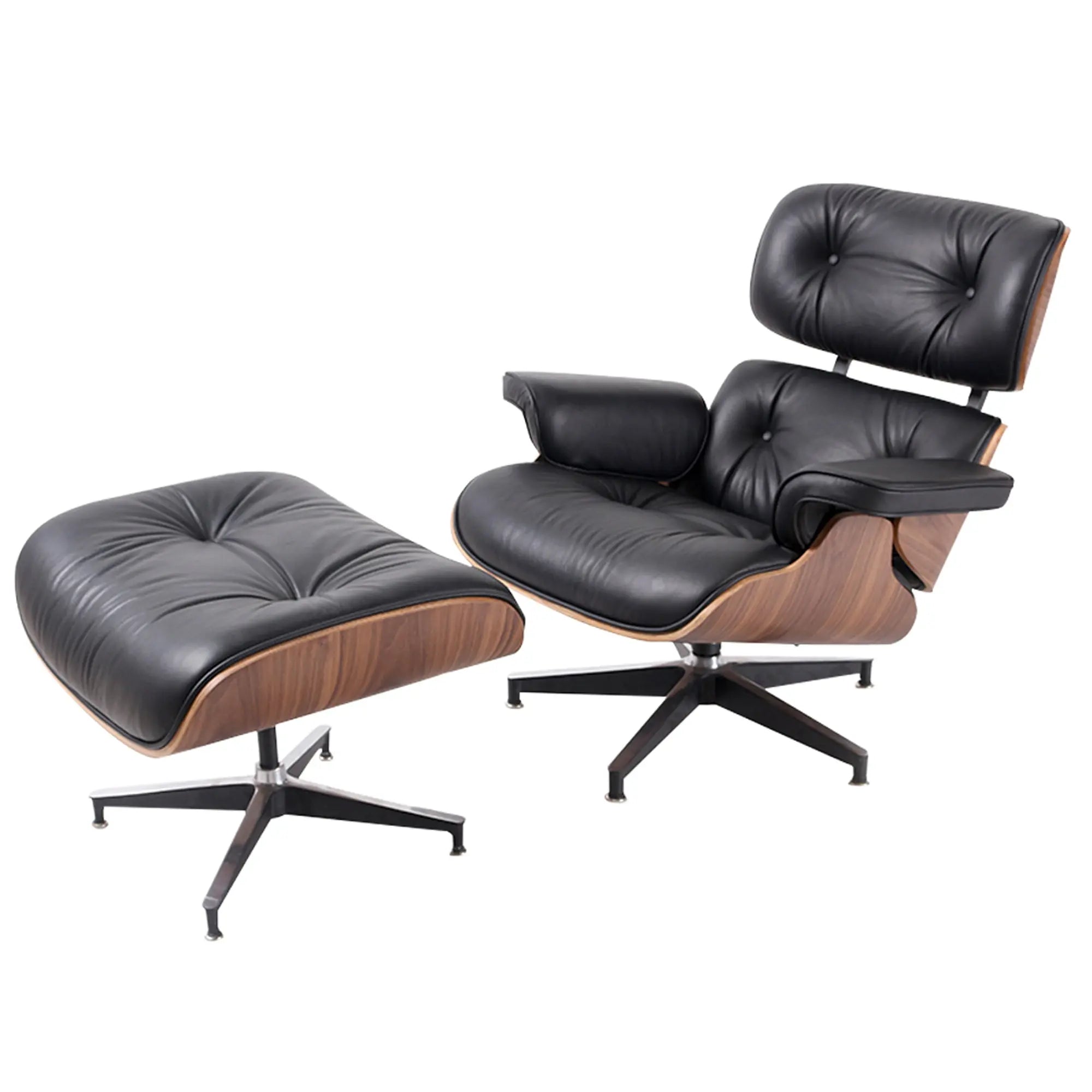 35" Black and Brown Genuine Leather Tufted Swivel Lounge Chair With Ottoman Homeroots Living Room