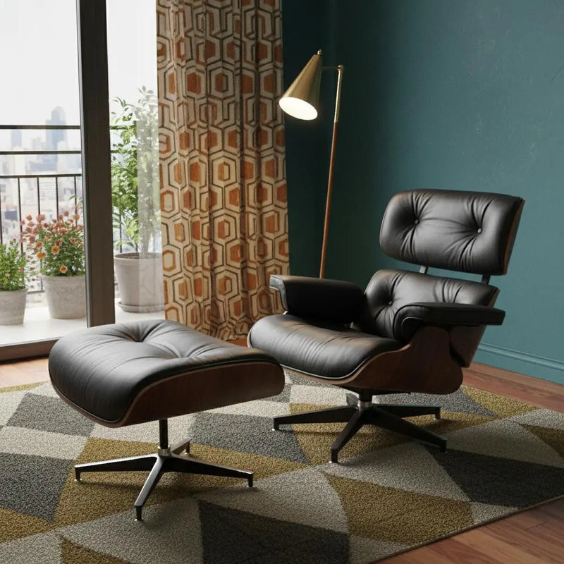 35" Black and Brown Genuine Leather Tufted Swivel Lounge Chair With Ottoman Homeroots Living Room