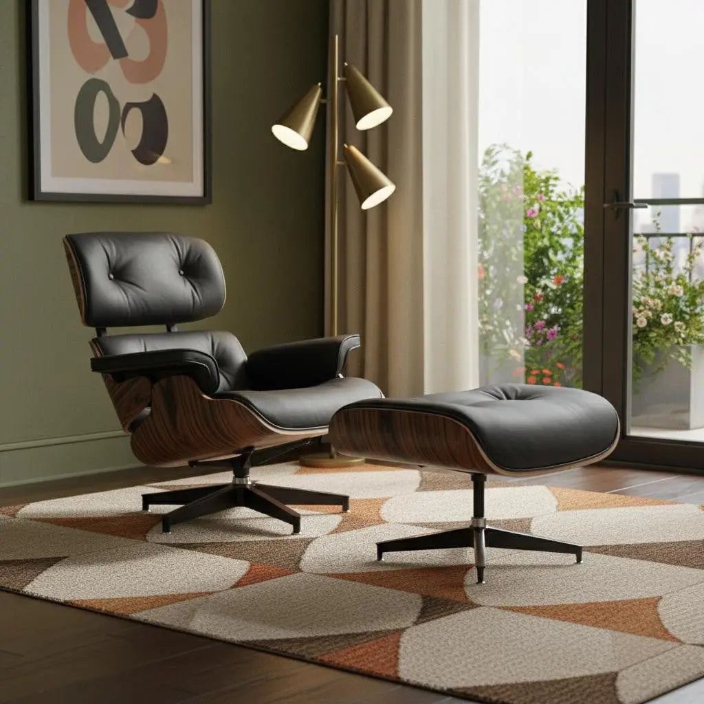 35" Black and Brown Genuine Leather Tufted Swivel Lounge Chair With Ottoman Homeroots Living Room