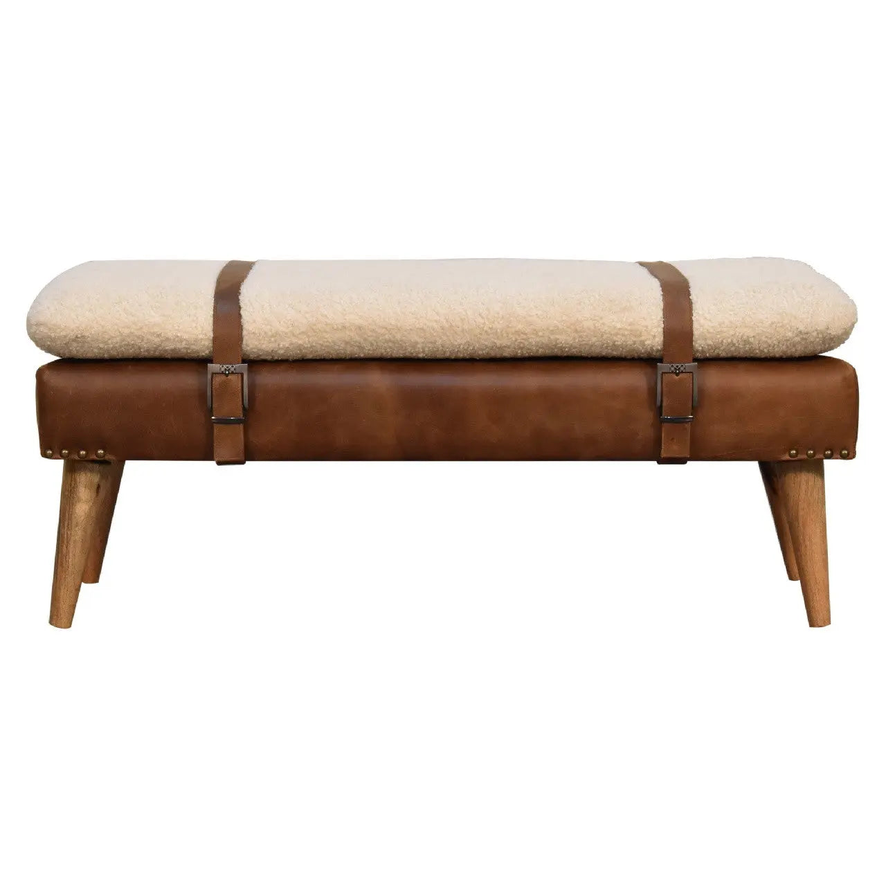 35" Brown Genuine Leather and Solid Wood Upholstered Storage Bench With Cabinet Homeroots Living Room