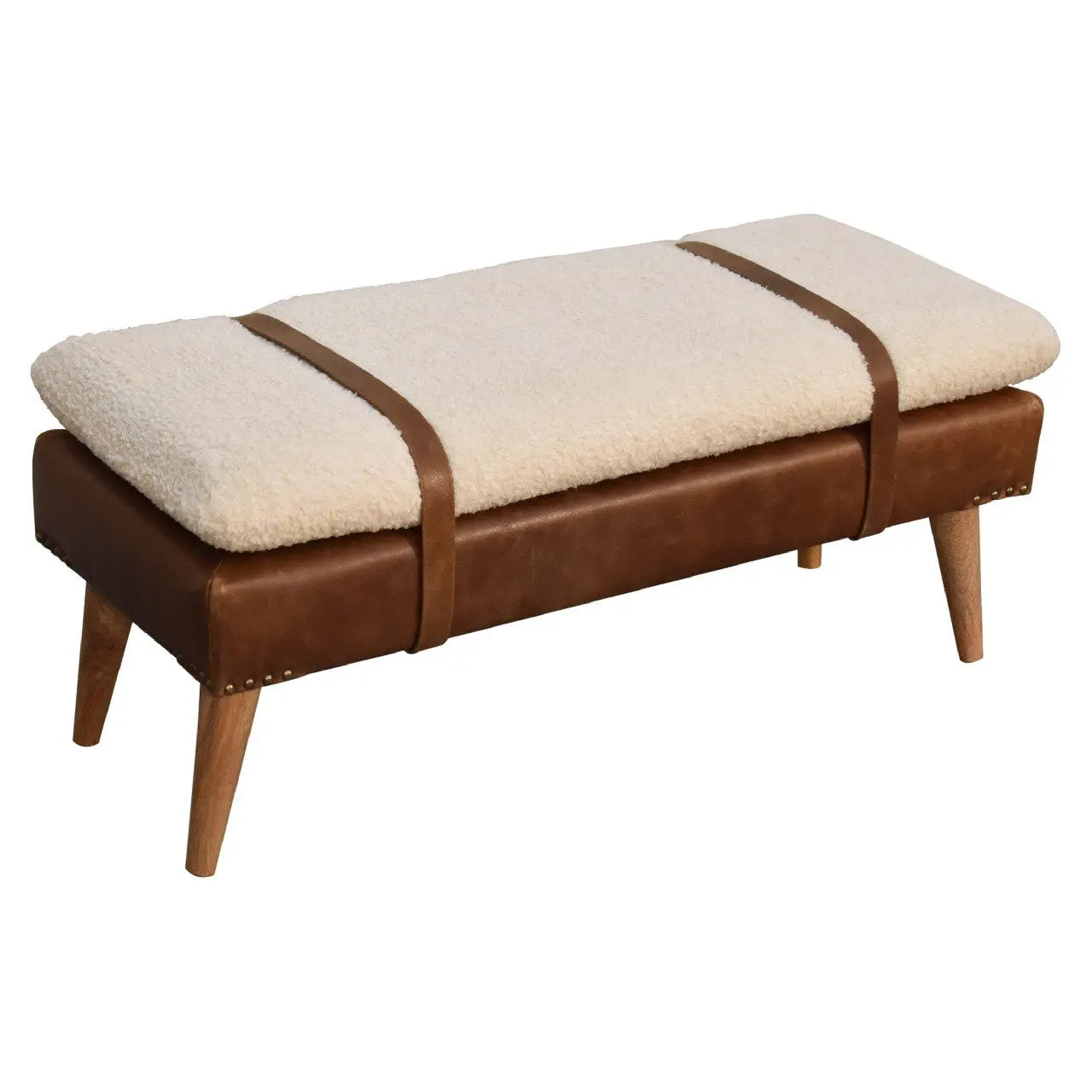 35" Brown Genuine Leather and Solid Wood Upholstered Storage Bench With Cabinet Homeroots Living Room