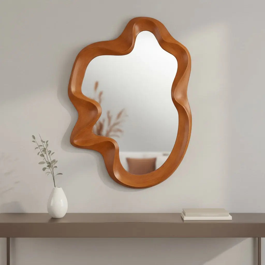 35" Brown Solid Wood Abstract Geometric Framed Accent Mirror Homeroots Bed & Bath