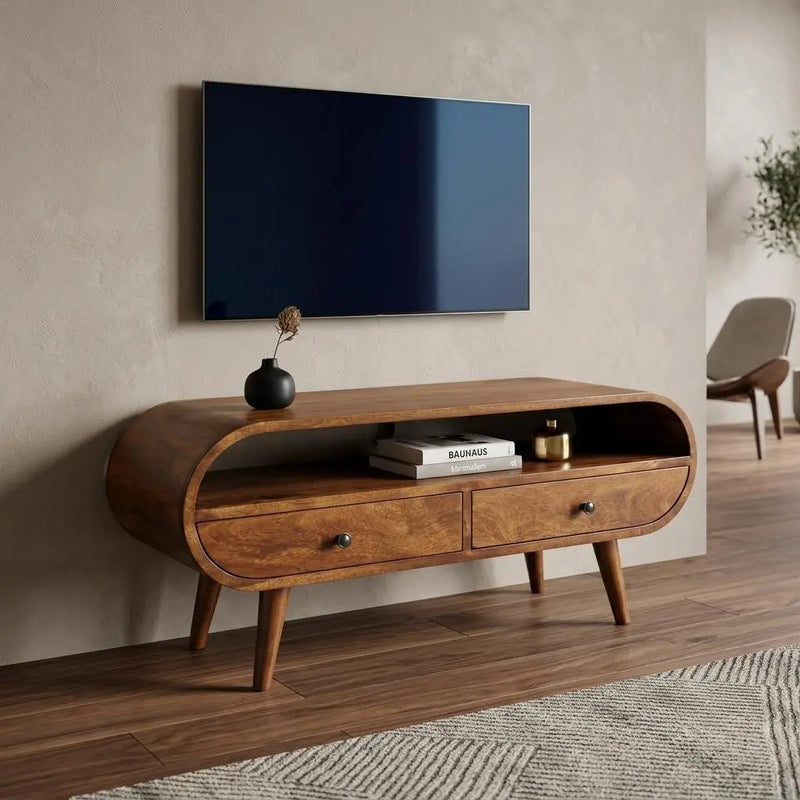 35" Brown Solid Wood Enclosed and Open Storage TV Stand Homeroots Living Room