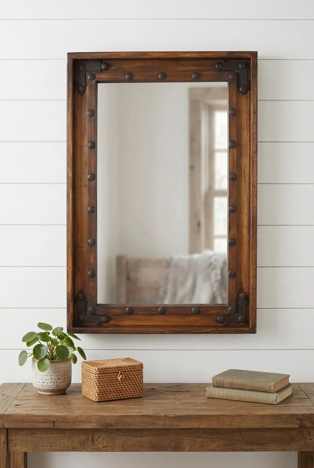 35" Brown Solid Wood Rustic Framed Accent Mirror Homeroots Bed & Bath