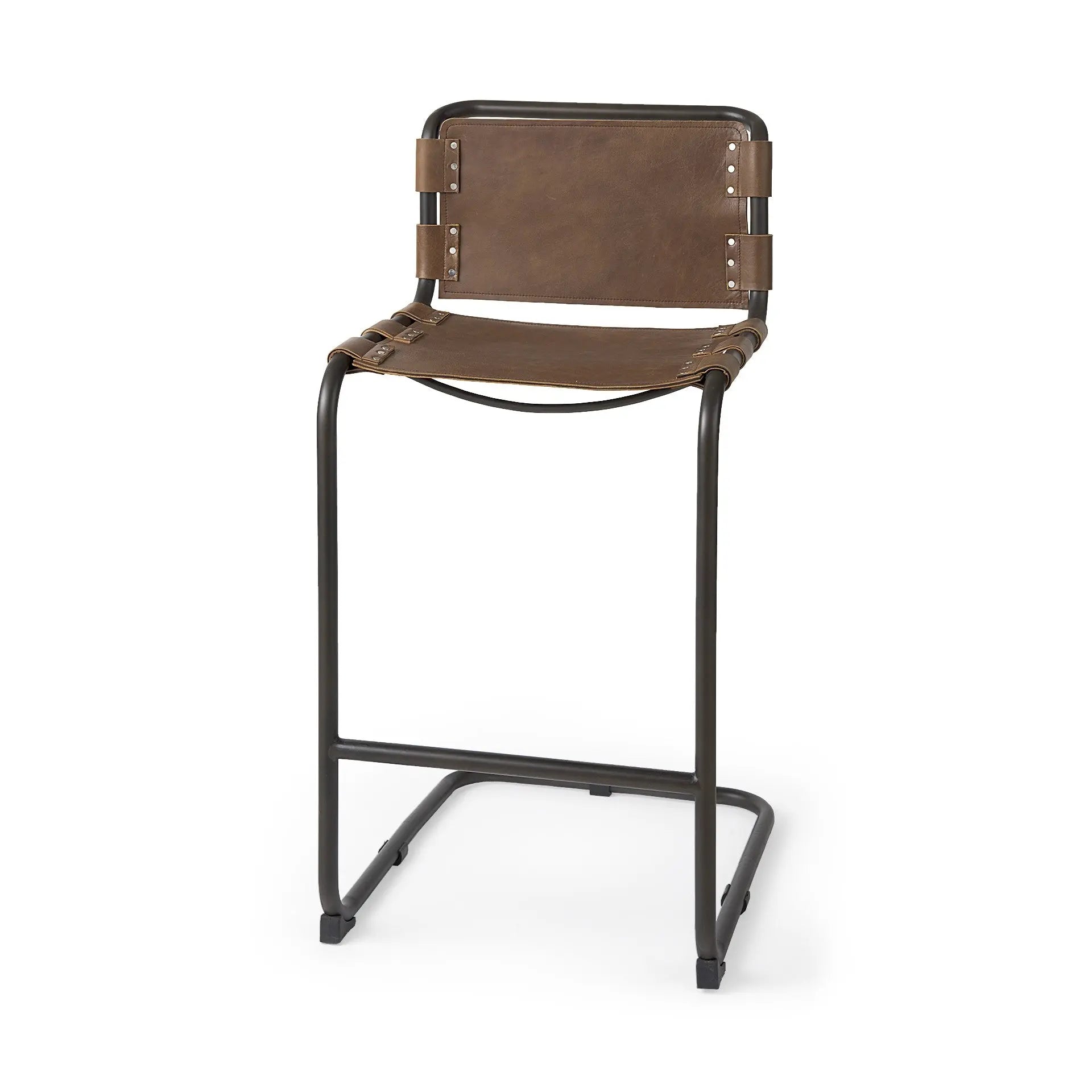35" Brown and Black Leather and Metal Bar Chair Homeroots Living Room