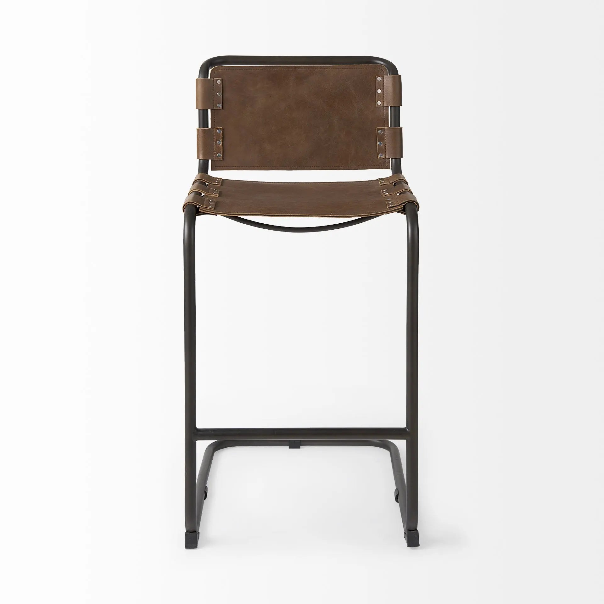 35" Brown and Black Leather and Metal Bar Chair Homeroots Living Room