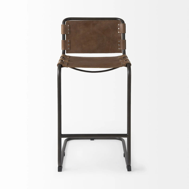 35" Brown and Black Leather and Metal Bar Chair Homeroots Living Room